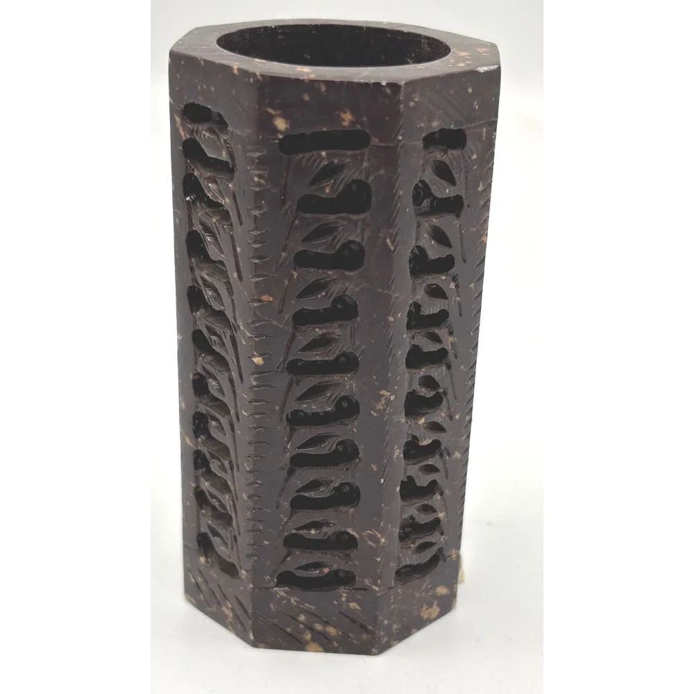 Hand Carved Soapstone Pen Stand Pierced Botanical Hexagon Dark Stone Vase 4in